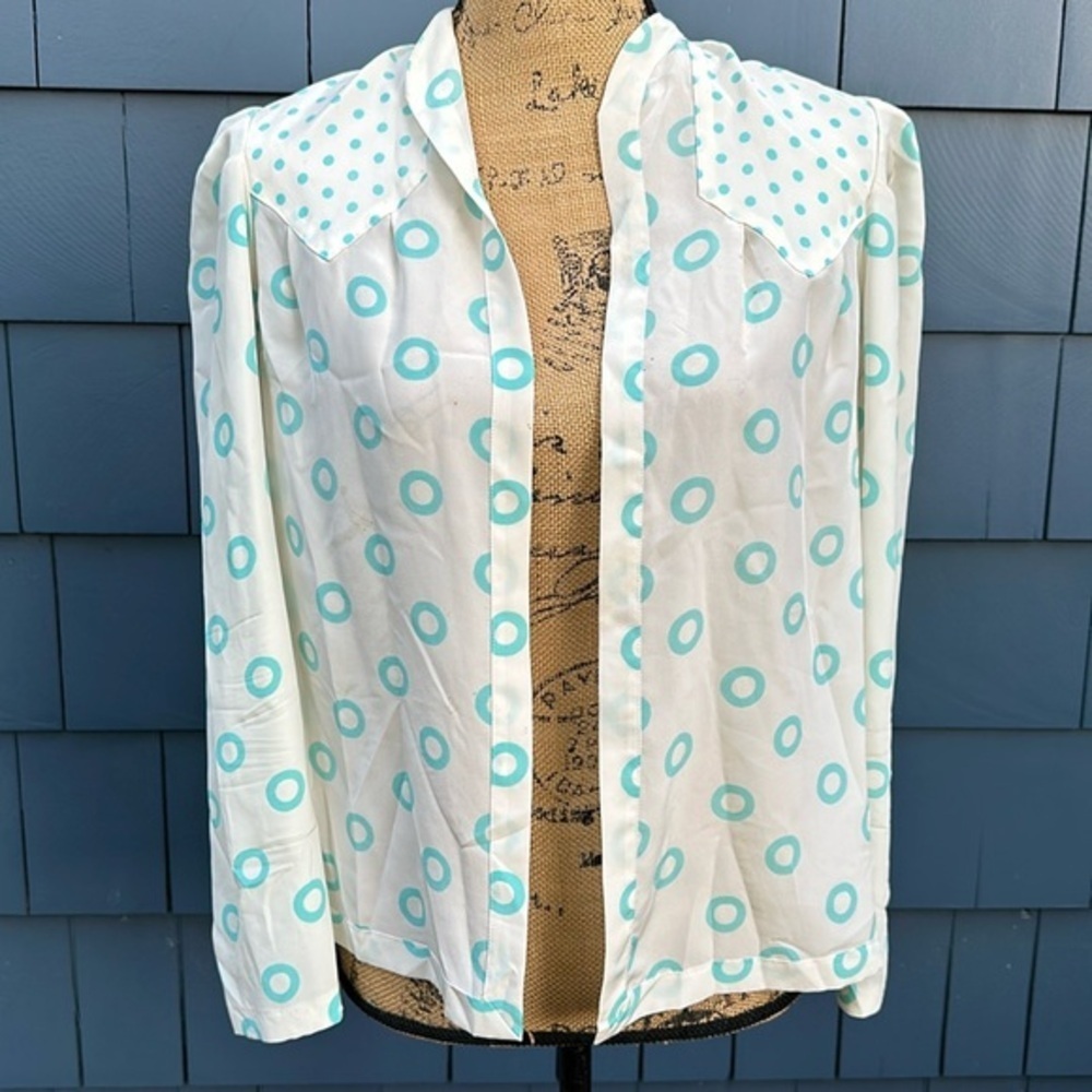 🩵🤍🩵Vintage Jean Kolpa white mint green 40 French silk Blouse top Shirt overlay